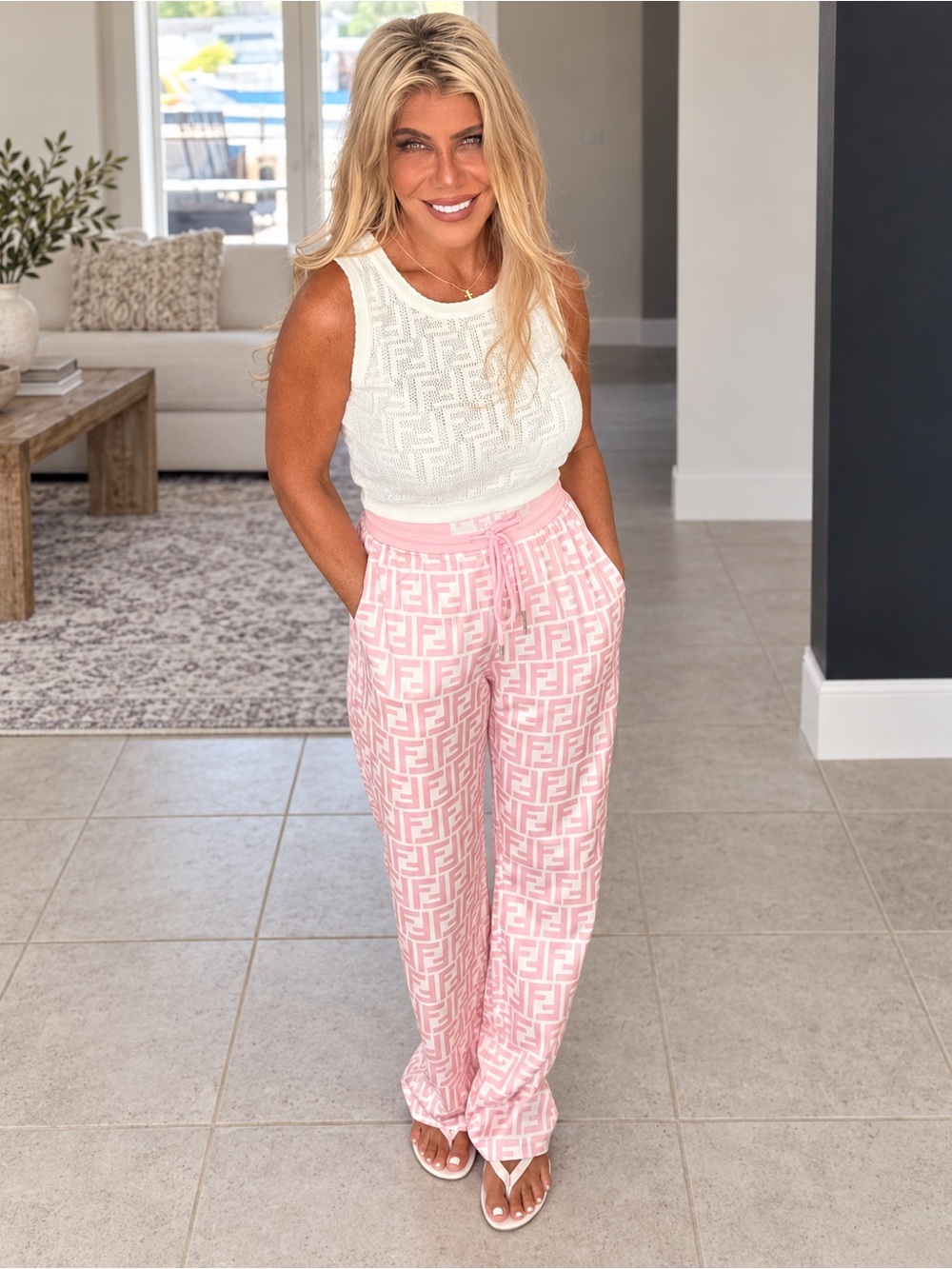 FENDI silk pink n white pants